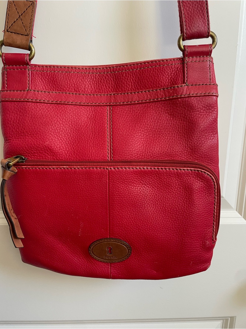 Fossil Red Pebbled Leather Crossbody with Tan trim